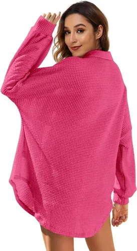 Vista 2 de DARKRANI Chaqueta de punto gofre para mujer, manga larga, casual, con botones, blusas elegantes