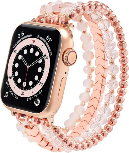 Vista 14 de MOFREE - Pulsera de cuentas compatible con Apple Watch Band de 1.496 in/1.575 in/1.614 in/1.65 in (38, 40, 41 y 42 mm) Series Negro/Oro