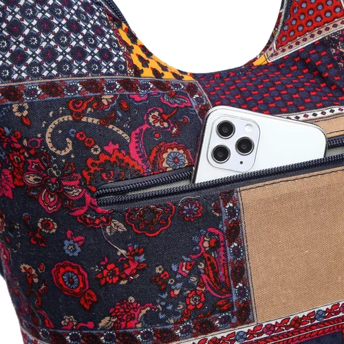 Vista 5 de Bolsa de hombro para mujer, de lona en estilo hippiebohemio para llevar cruzada al hombro, disponible en diferentes colores y estampados