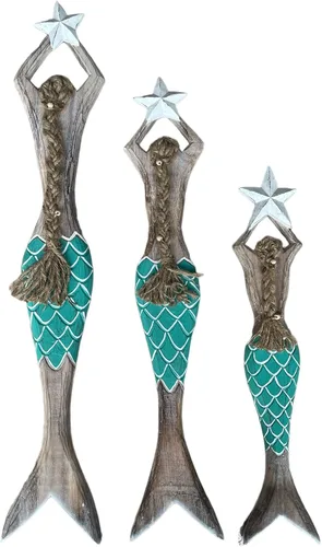 Vista 5 de OMA Escultura de sirena de madera para decoración de pared, playa náutica costera, sirena, estrella, estatua colgante, decoración del hogar, grande