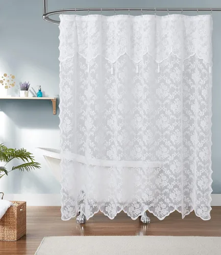 Vista 5 de LinenZone Cortinas de ducha de encaje de 72" x 72" con cenefa adjunta y borlas. La cortina de ducha de tela de encaje es ideal para decoración lino