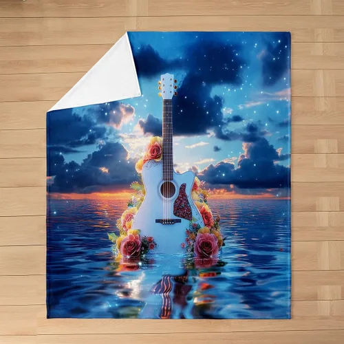 Vista 13 de Red Guitar Flannel Fuzzy Blanket,Hip Pop Music Fleece Throw Blanket Kids Girls Boys Home Room Decor,Red Fire Fashion Guitar Bed Blanket,Musical Note