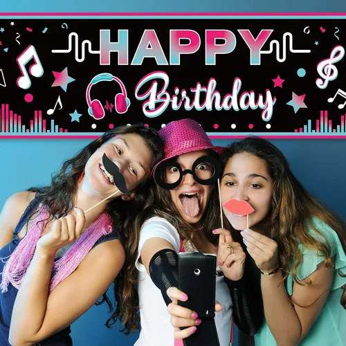 Vista 4 de Cartel de feliz cumpleaños de 71 x 16 pulgadas, decoración grande de tela para fiesta musical, telón de fondo, telón de fondo para cabina de fotos