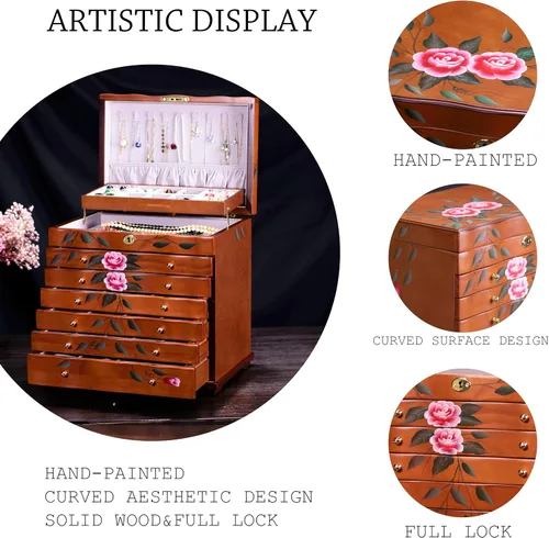 Vista 10 de Joyero de madera, joyeros para mujer, caja grande para joyas y organizadores con colgador de collares, organizador de joyas, organizador de joyas