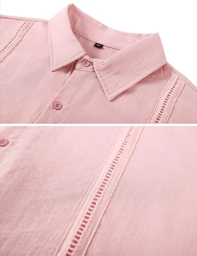 Vista 5 de LecGee Conjunto corto casual de verano para hombre, camisa cubana de lino de manga corta, pantalones cortos con cordón en la cintura, trajes