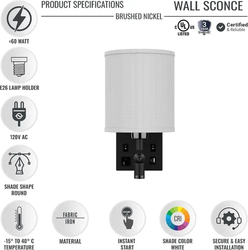 Vista 2 de LEDMyplace - Apliques de pared LED de 1 luz, lámpara de interior para sala de estar con puertos USB y tomacorriente, base E26, cuerpo de hierro