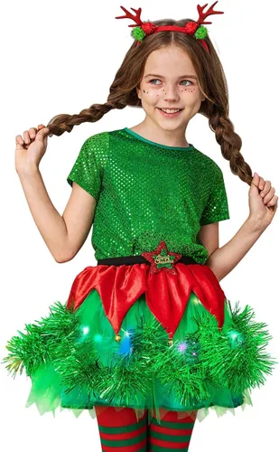 Vista 3 de Kakaco Juego de tutú de Navidad para niñas con diseño de reno rojo, diadema de Navidad, tutú de tul para niñas