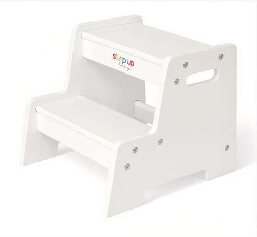 Vista 14 de Taburete de madera barnizado para niños – Taburete infantil de 2 pasos con asas, madera contrachapada de abedul, base antipunta y esquinas
