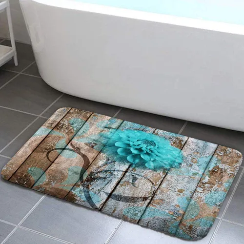 Vista 34 de JAWO Alfombra de baño con flores de granja, dalia en tablones de madera rústica, juego de tapetes de baño con flores azules, en forma de U