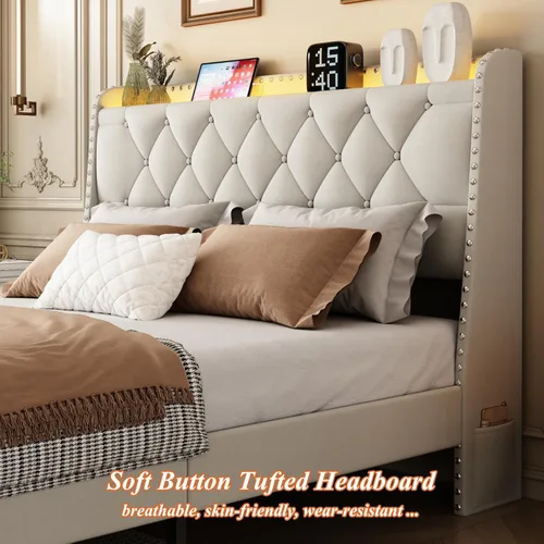Vista 5 de Base de cama tamaño queen con cabecera de almacenamiento y 2 cajones, base de cama tapizada con botones capitoné, luces LED y estación de carga,