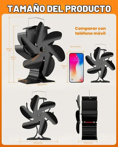 Vista 2 de HIDALIFE Ventilador de estufa de leña de 6 aspas con potencia de calor, ventilador para chimenea, soplador térmico con termómetro magnético