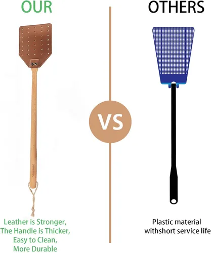 Vista 3 de DEBETOOL Juego de matamoscas – Paquete de 2 matamoscas de cuero de madera con cuerda para colgar, matamoscas resistente para interiores y exteriores