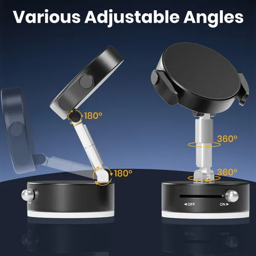 Vista 6 de Soporte magnético de vacío ajustable de 360° para teléfono, soporte magnético de succión al vacío con abrazadera, soporte de teléfono plegable