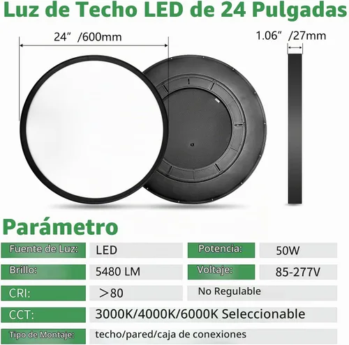 Vista 3 de Lámpara de techo LED empotrada grande de 24 pulgadas, 50W, 5480LM, 3000K/4000K/6000K CCT seleccionable, luminaria de techo de panel plano redondo