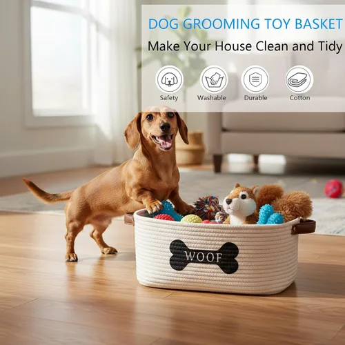 Vista 2 de Morezi Cesta de juguetes para perros de cuerda de algodón con asa, contenedor grande para perros, cama para cachorros, canasta de juguetes