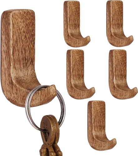Vista 10 de Indian Shelf Ganchos decorativos de pared adhesivos de madera, ganchos bohemios sin daños para llaves, joyas, correas y accesorios ligeros, 6