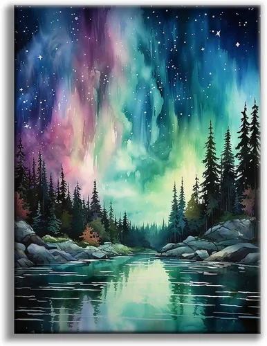 Vista 10 de Kits de pintura de diamantes de cielo estrellado Offito para adultos, kits de pintura de diamantes 5D Aurora Lake para principiantes, fantásticos