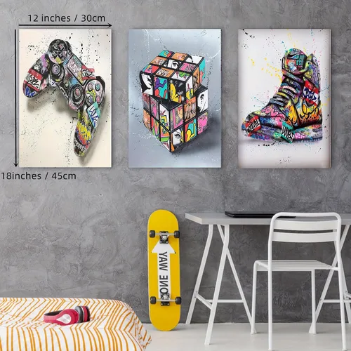 Vista 8 de Lienzo de graffiti con múltiples paneles – 3 piezas de graffiti pop street art impresiones en lienzo para decoración de pared, obras de arte