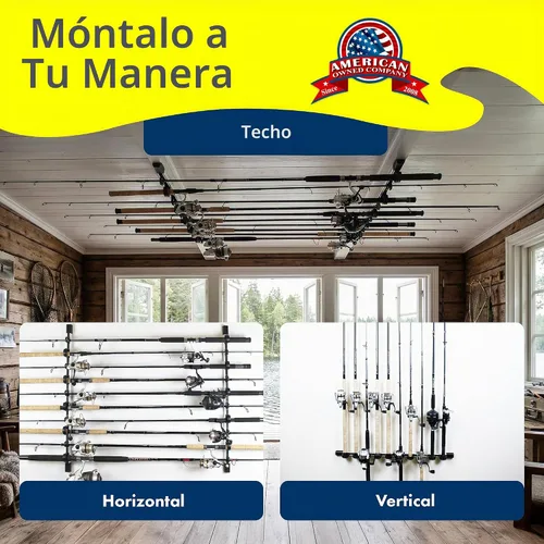 Vista 7 de Rush Creek Creations Estante de almacenamiento de caña de pescar de pared o techo para 10 cañas, soporte vertical u horizontal para caña de pescar