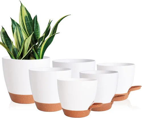 Vista 17 de Vanslogreen Macetas Paquete de 5, Macetas de 7/6.5/6/5.5/5 Pulgadas de Riego Automático con Agujeros de Drenaje para Plantas de Interior, Macetas