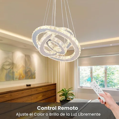 Vista 8 de Candelabro LED de cristal con iluminación regulable LED moderna lámpara de techo de 3 anillos ajustable de acero inoxidable para dormitorios y sala