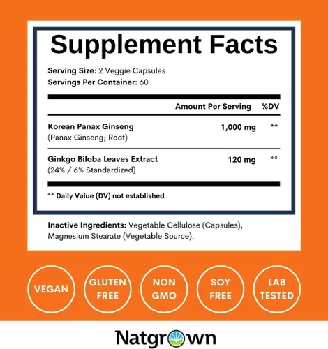 Vista 4 de Natgrown Panax - Suplemento de ginseng y ginkgo biloba, cápsulas de ginseng coreano rojo y ginko biloba para hombres y mujeres, apoya el enfoque