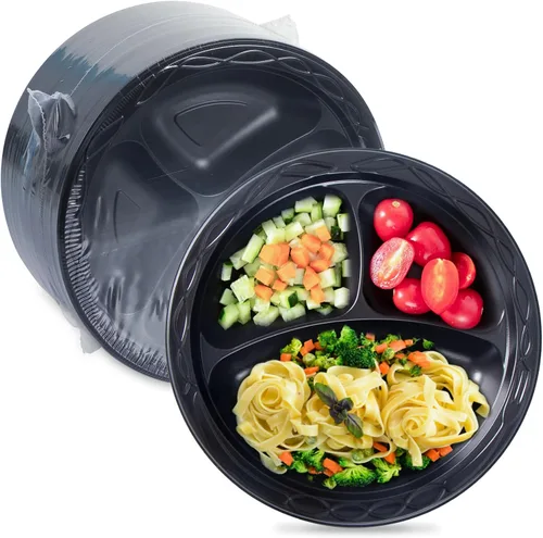 Vista 8 de Paquete de 150 platos de plástico negro de 9 pulgadas, envoltura retráctil, listos para usar Heavy Duty BPA Free Mineral Filled PP Microwave &