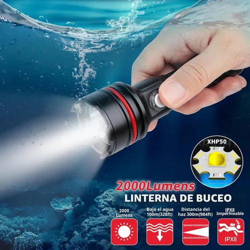 Vista 2 de 14S - Luz de buceo, 2000 lúmenes, linterna submarina brillante
