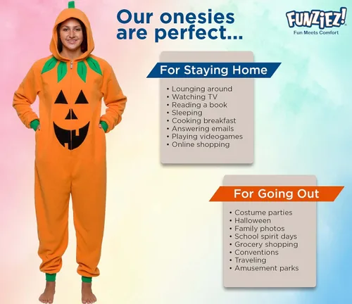 Vista 5 de Slim Pumpkin Adult Onesie - Jack O Lantern Halloween Costume - One Piece Cosplay Suit for Adults, Women and Men FUNZIEZ!