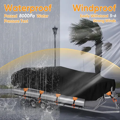 Vista 4 de NEVERLAND Funda para Barco Impermeable de Alta Resistencia Funda para Lancha Pontón Lona de Poliéster de Grado Marino Cubierta Remolcable Se Adapta