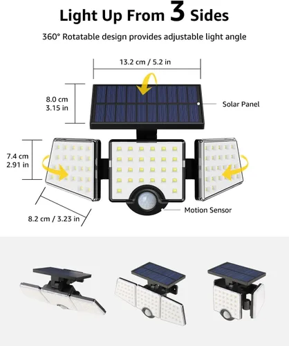 Vista 5 de LE - Luces solares para exteriores, luces solares para exteriores con sensor de movimiento, alto brillo WL4000, 3 cabezales ajustables ángulo