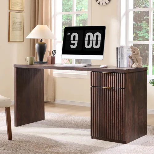 Vista 10 de JXQTLINGMU Escritorio ejecutivo moderno de 58 pulgadas con almacenamiento, escritorio de madera para oficina en casa con 5 cajones y 1 gabinete