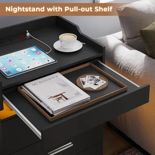Vista 3 de HAUOMS Mesita de noche grande con estación de carga y luz LED, mesa auxiliar con 3 cajones y estante extraíble, mesita de noche con puertos USB