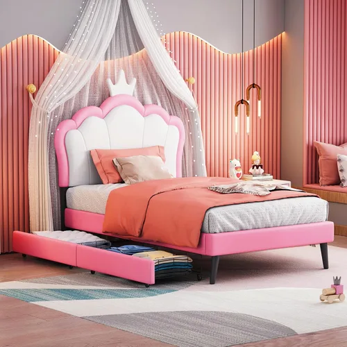 Vista 18 de Elegante sofá cama tapizado de tamaño individual con cabecera en forma de oreja de conejo, para niños pequeños y niñas