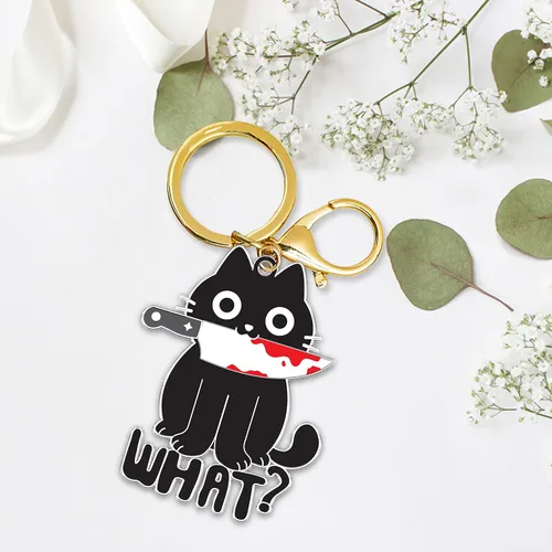 Vista 4 de Donawings Llavero de metal con diseño de gato negro para hombres y mujeres, diseño de gato esmoquin divertido - Colgante de llavero tricolor