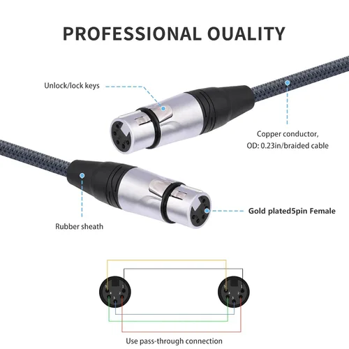 Vista 3 de Adaptador de cable XLR hembra a hembra DMX512 de 1 pie, paquete de 2 unidades, 5 pines