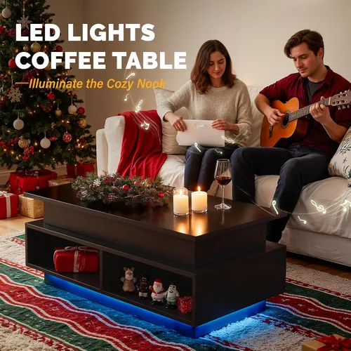 Vista 7 de YESHOMY Mesa de Centro Elevable de 40" con Almacenamiento Oculto y Luces LED Multicolor, Mesa Cuadrada Moderna de Madera con 4 Estantes Abiertos