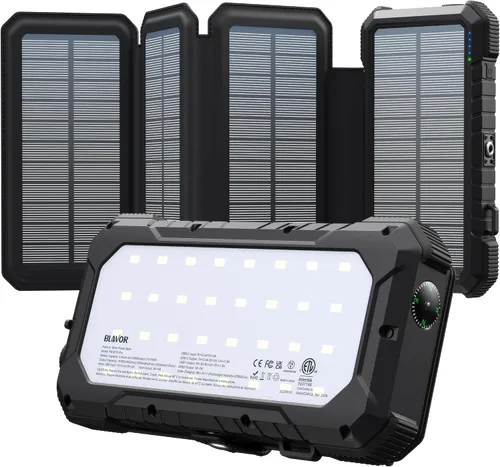 Vista 10 de BLAVOR Banco de energía solar 20,000mAh cargador portátil con 4 paneles Anaranjado encendido