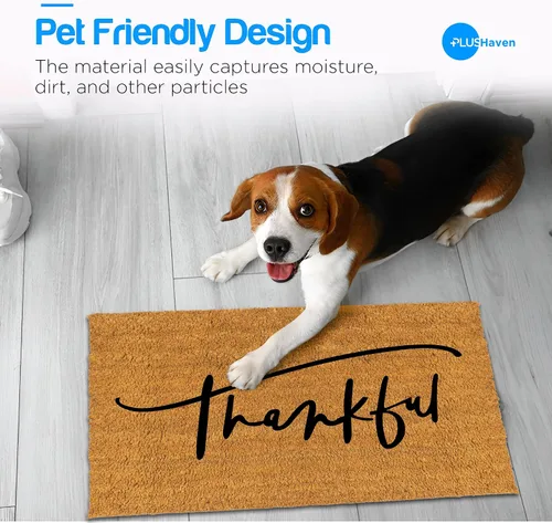 Vista 7 de PLUS Haven Tapete de Fibra de Coco para Puerta de Entrada del Hogar – 17.5" x 30" Tapete de Puerta "Thankful" Resistente