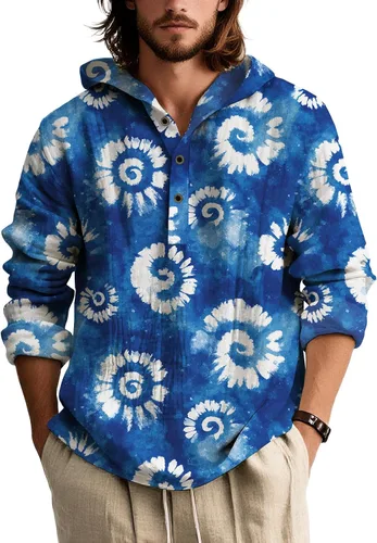 Vista 4 de Camisas de manga larga con estampado de teñido anudado para hombre, sudadera con capucha de 3 botones, sudadera retro cómoda con capucha