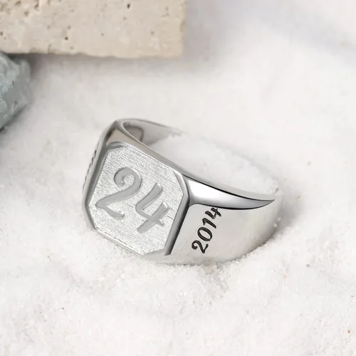 Vista 3 de PETEANEY Anillos de sello personalizados para hombres, plata de ley grabados personalizados, número año, letra cuadrada, anillo de pulgar meñique