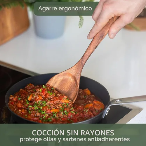 Vista 5 de WALDWERK Cucharas de madera para cocinar, juego de utensilios de cocina de 4 piezas con cucharas de madera de teca, espátula, servidor de pasta