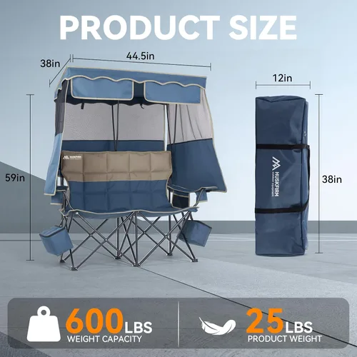 Vista 3 de Silla de playa doble con toldo, silla de camping con toldo, silla de campamento doble de gran tamaño con dosel, silla plegable de dos plazas con dos