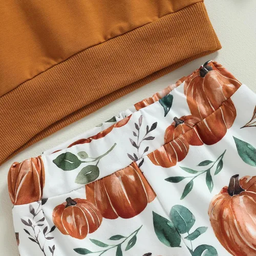 Vista 6 de Madjtlqy Conjunto de ropa de Halloween para bebé niña con estampado de calabaza con estampado de calabaza, camiseta de manga larga + pantalones