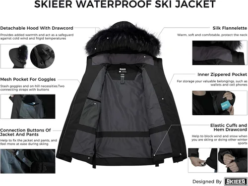 Vista 4 de Skieer Chaqueta de esquí impermeable para mujer, chaqueta acolchada gruesa con capucha, Nieve