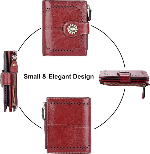 Vista 3 de Lavemi Cartera de cuero para mujer, pequeña, compacta, con bloqueo RFID, con bolsillo con cremallera