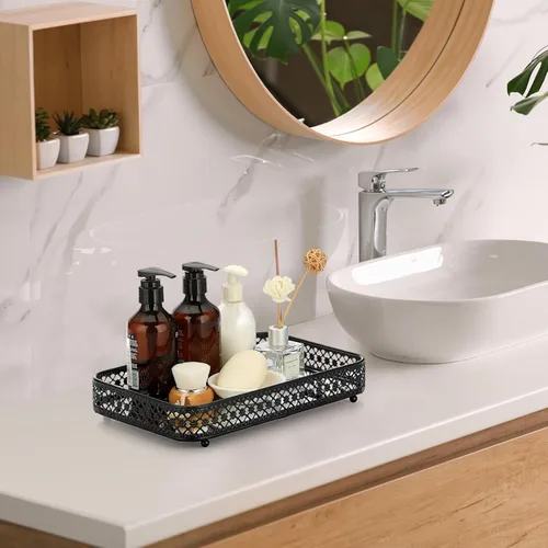 Vista 5 de ELLDOO - Bandeja negra para perfumes y maquillaje, bandeja de joyería con talla hueca, organizador de vidrio y metal para baratijas para cómoda
