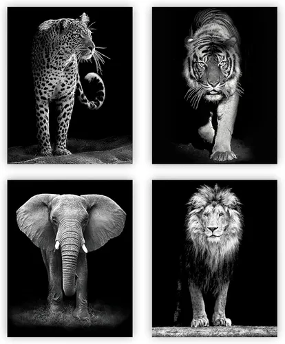 Vista 8 de Lienzo decorativo para la pared de vida silvestre en blanco y negro, juego de 4 pósteres enmarcados de animales de safari africanos, 8 x 10