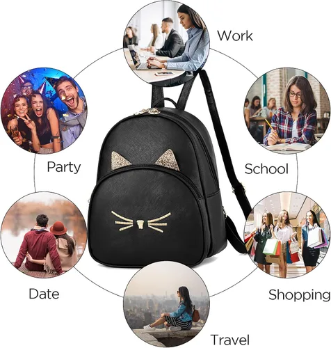 Vista 6 de Mini mochila para niñas, adolescentes y mujeres, pequeña mochila de moda de cuero sintético con estampado de gato