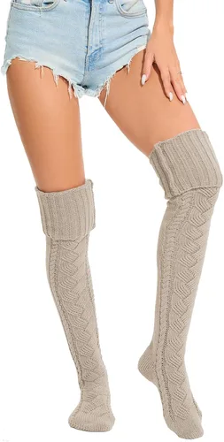 Vista 6 de YELAIVP Calcetines altos de punto trenzado para mujer, calcetines por encima de la rodilla, calentadores de piernas extra largos